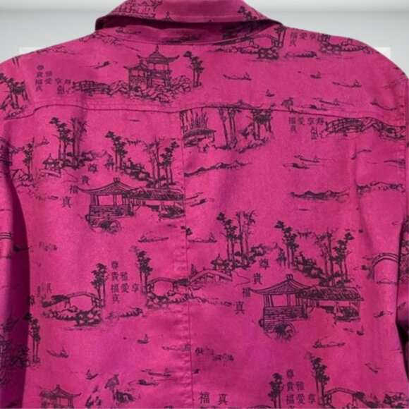 Chico's Large Pink Black Asian Scene Print Tunic Shirt Blouse Long Sleeve Button - Picture 5 of 10